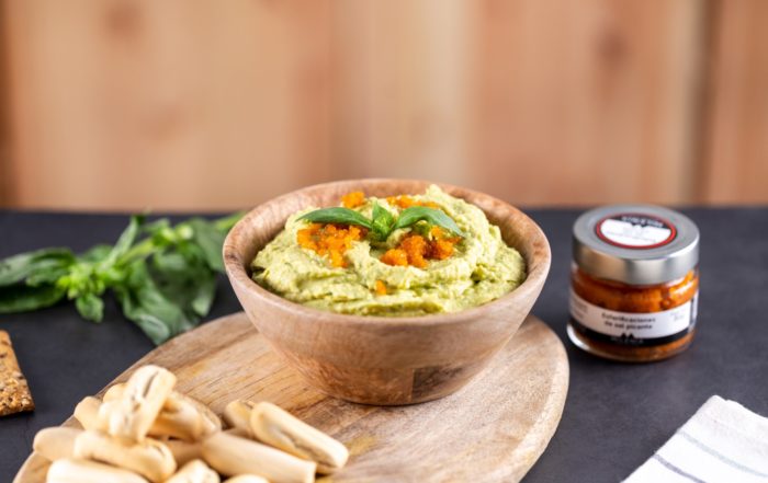 hummus picante con esferificaciones