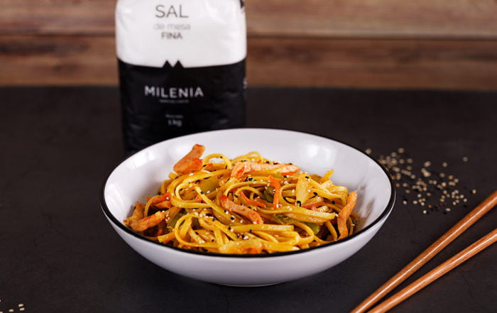 Tallarines chino lomo verduras sal milenia