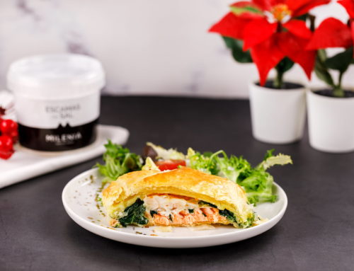 HOJALDRE DE SALMÓN Y LANGOSTINOS CON ESCAMAS DE SAL MILENIA