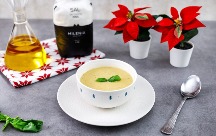 crema calabacín langostinos y sal de cocina fina milenia