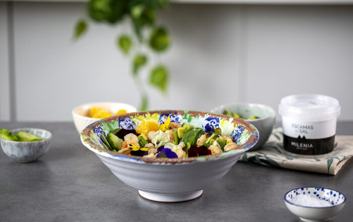 ensalada citricos, gambas, aguacate, sal en escamas